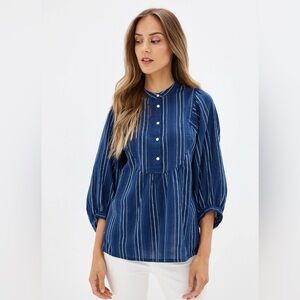 GAP Navy Vertical-Stripe Cotton Button-Front Peasant Blouse